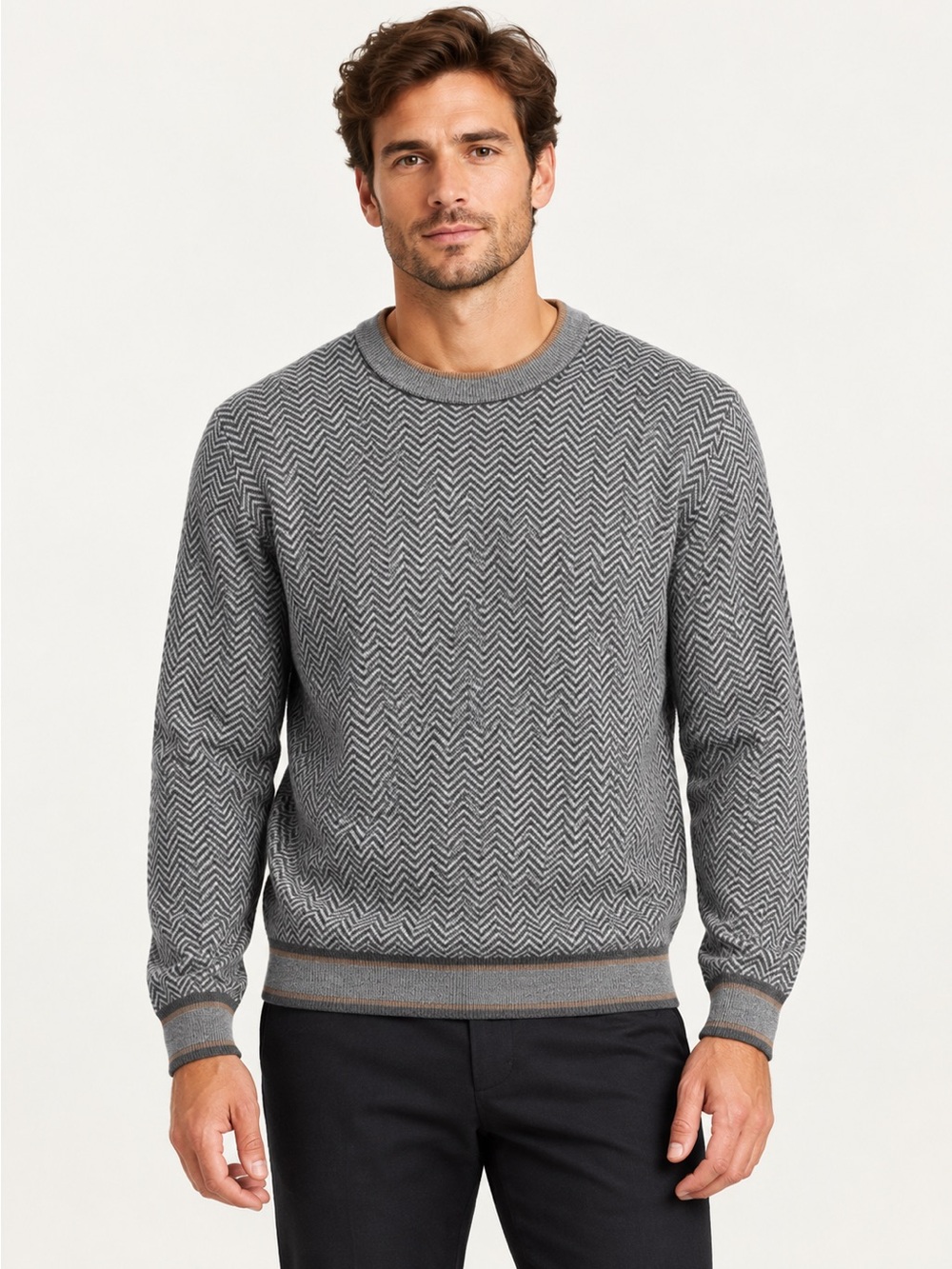 Alberto Wool Cashmere Herringbone Sweater Gray Tan NWT Size 50